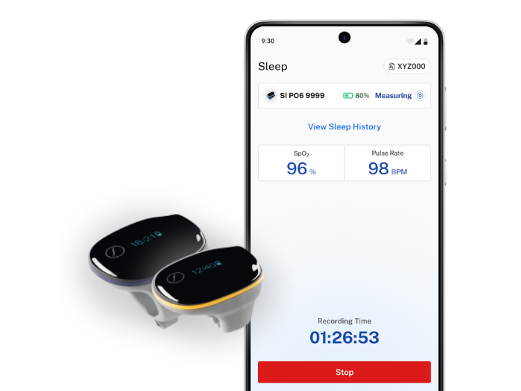 two finger devices with a screenshot of the sleepimage mobile recording screen.